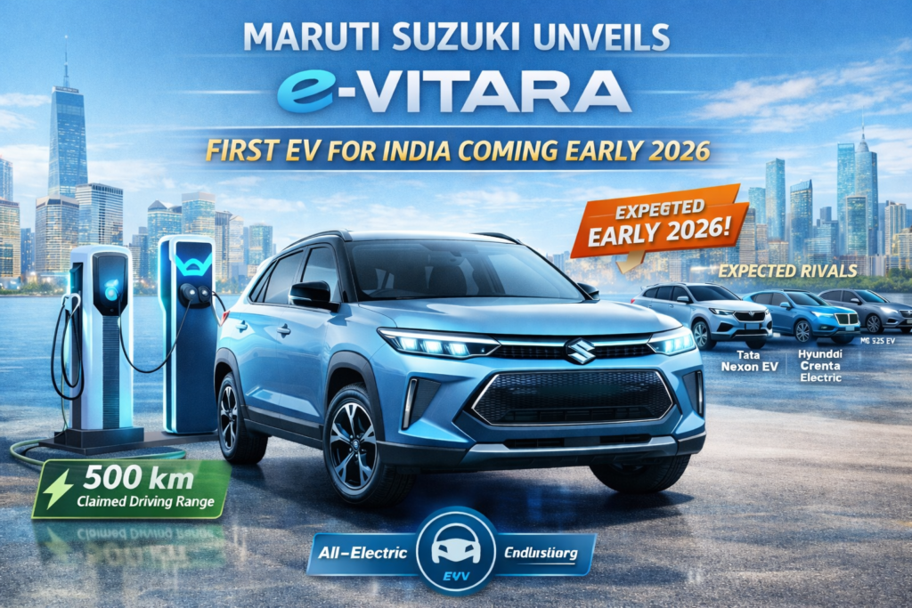 Maruti Suzuki e-Vitara electric SUV shown in daylight at a charging station, highlighting its upcoming launch in India and mass-market EV positioning.