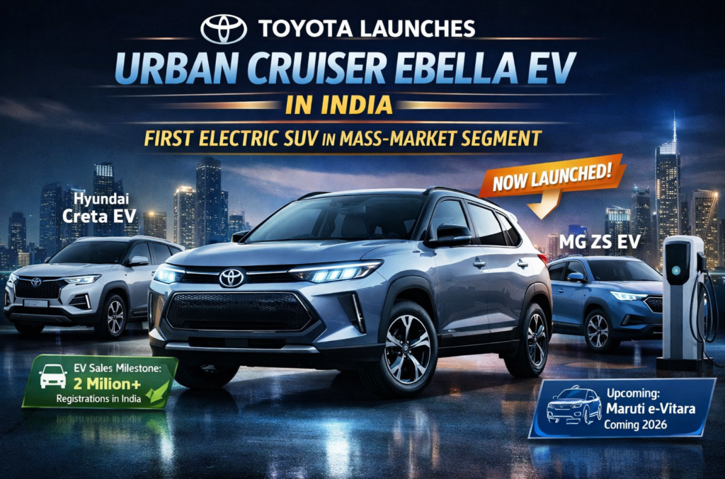 Toyota Urban Cruiser Ebella electric SUV showcased at its India launch, highlighting Toyota’s first mass-market electric SUV with charging infrastructure in the background.